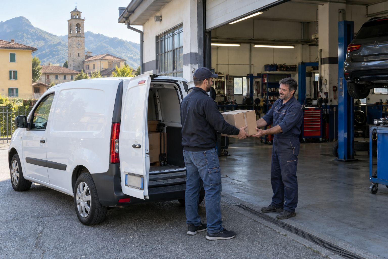 Furgone per consegne davanti a un'officina, un meccanico riceve una scatola di ricambi